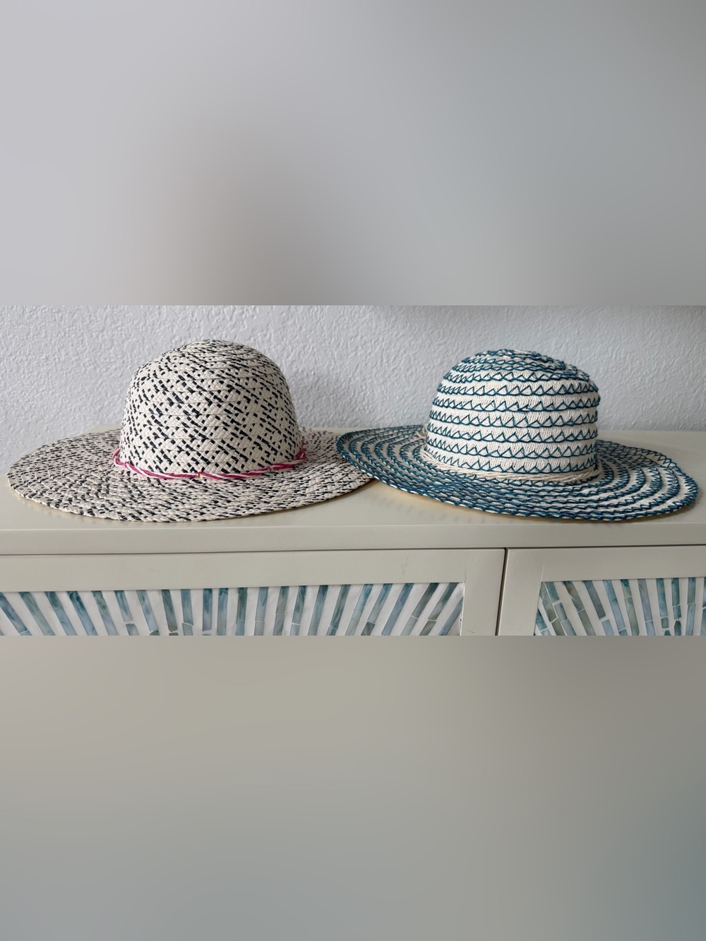 Set of 2 Wide Brim Floppy Straw Hats. Blue & Ivory and Black & Ivory Beach Hats